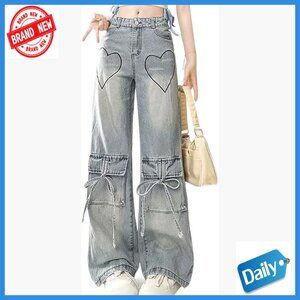 Vintage Heart Embroidery Wide Leg Denim Jeans with Straps Decor